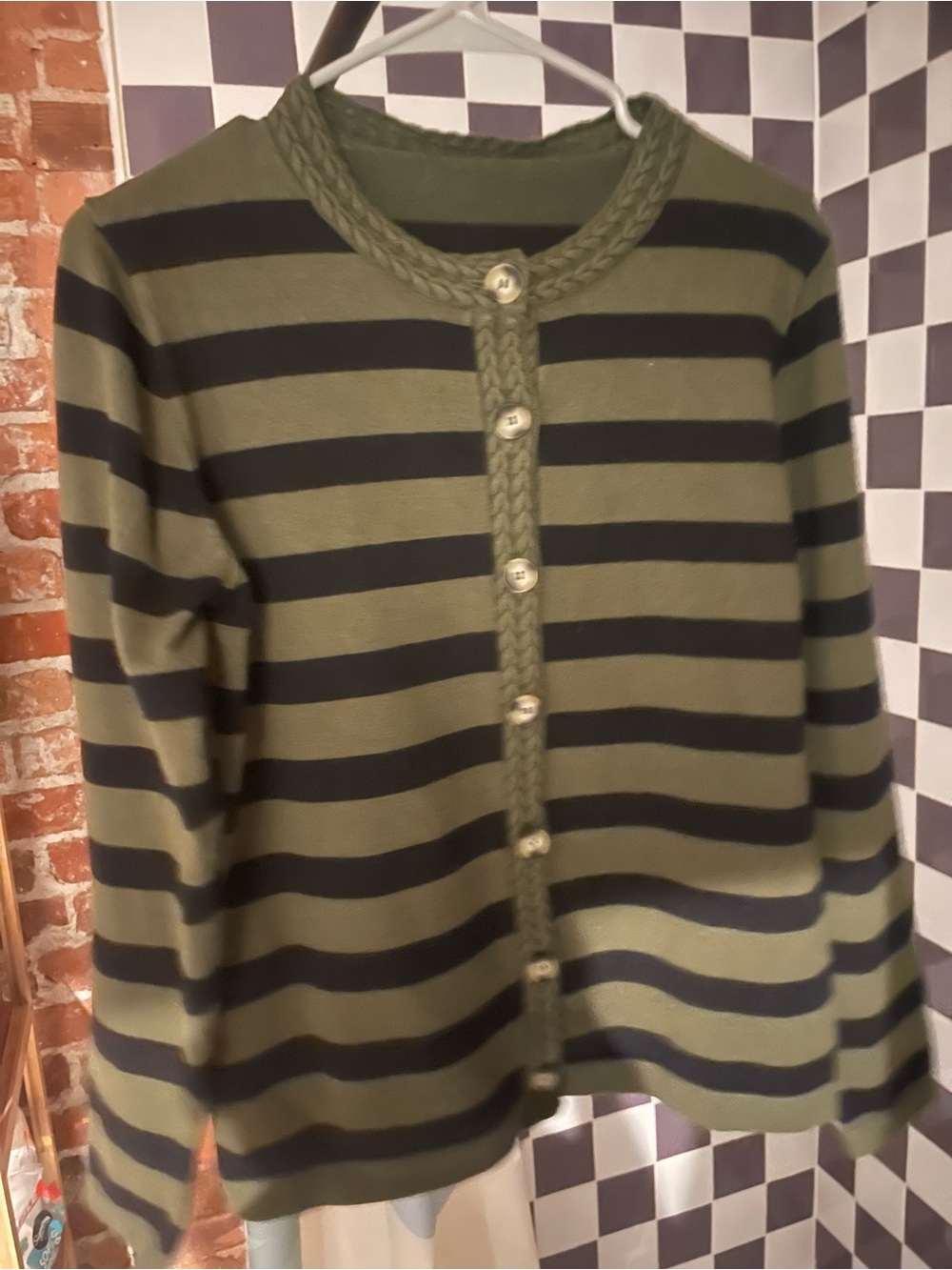 Women’s Olive and Black Striped Button-Up Sweater